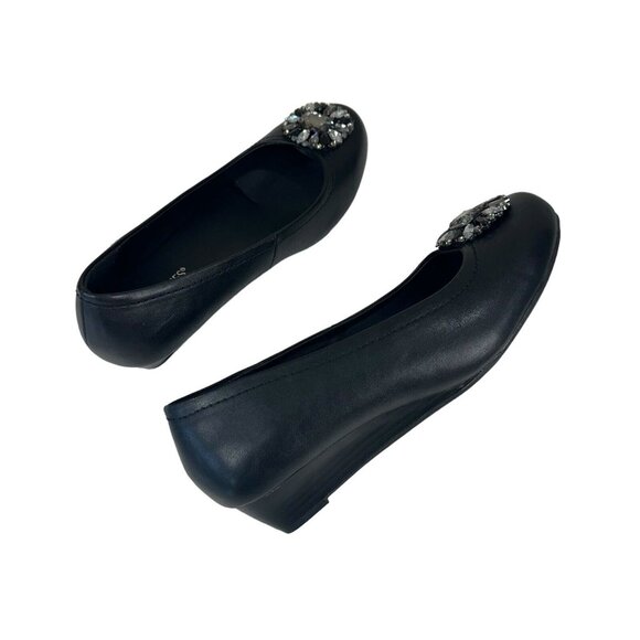 CATHERINES Women's 9 WIDE Black Wedge Slip On Shoes Comfy  Embellishment - Picture 5 of 10